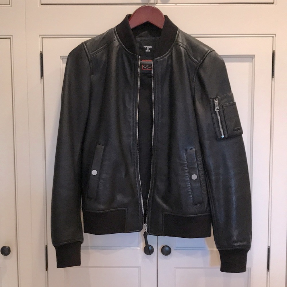Superdry Leather Bomber Jacket Black NWOT